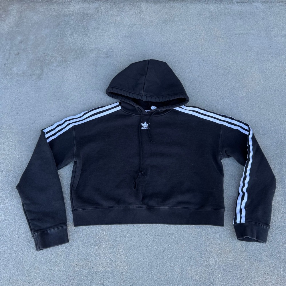Adidas Originals Women Cropped Hoodie Black White 3-Stripe Trefoil Size XS